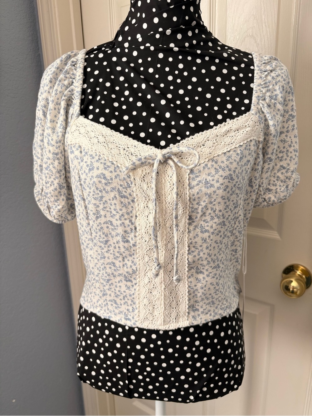Sienna Sky Light Blue Floral Lace-Trim Tie Front Top